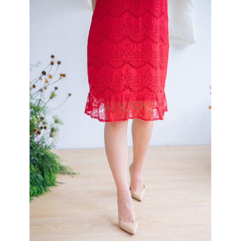 ⚡️ CLEARANCE SALE ♡ PREMIUM ♡ REAL PIC! RED ADAIRE BROCADE BOTTOM RUFFLE LACEY LOOSE DRESS