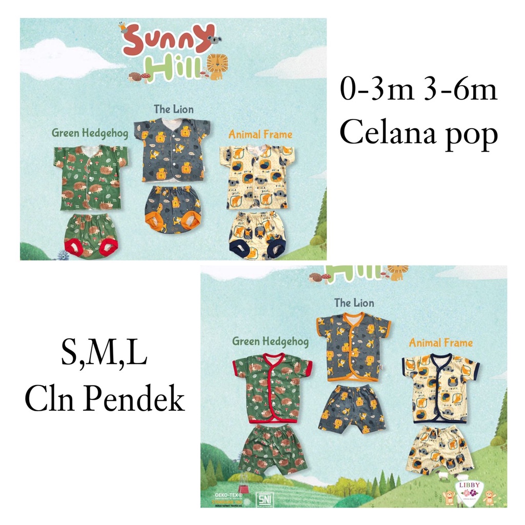 Libby Stelan Baju Kancing Depan Pendek + Celana Pendek 0-3m 3-6m SML