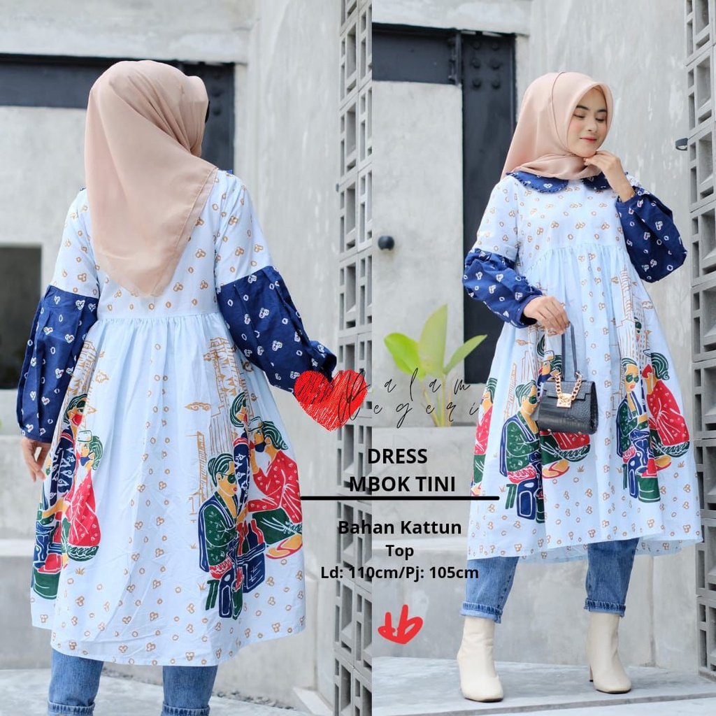 PREMIUM Tunik Mbok Tini Batik Jumputan Karakter Putih Biru Baju Panjang Muslim Payung Solo Handmade Wanita Casual Santai Formal