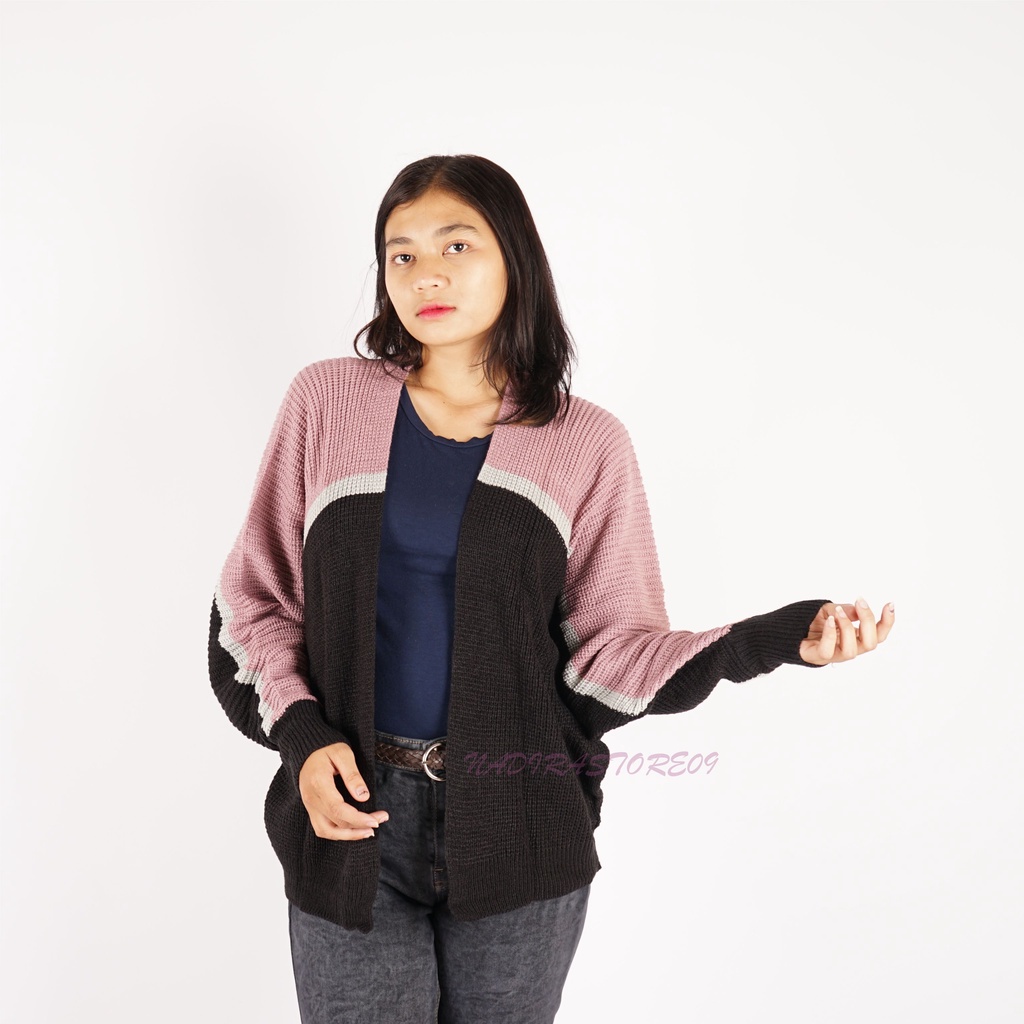 CARDIGAN BATWING RAJUT OVERSIZE PREMIUM / KOMBINASI / NILA HITAM STRIP SILVER