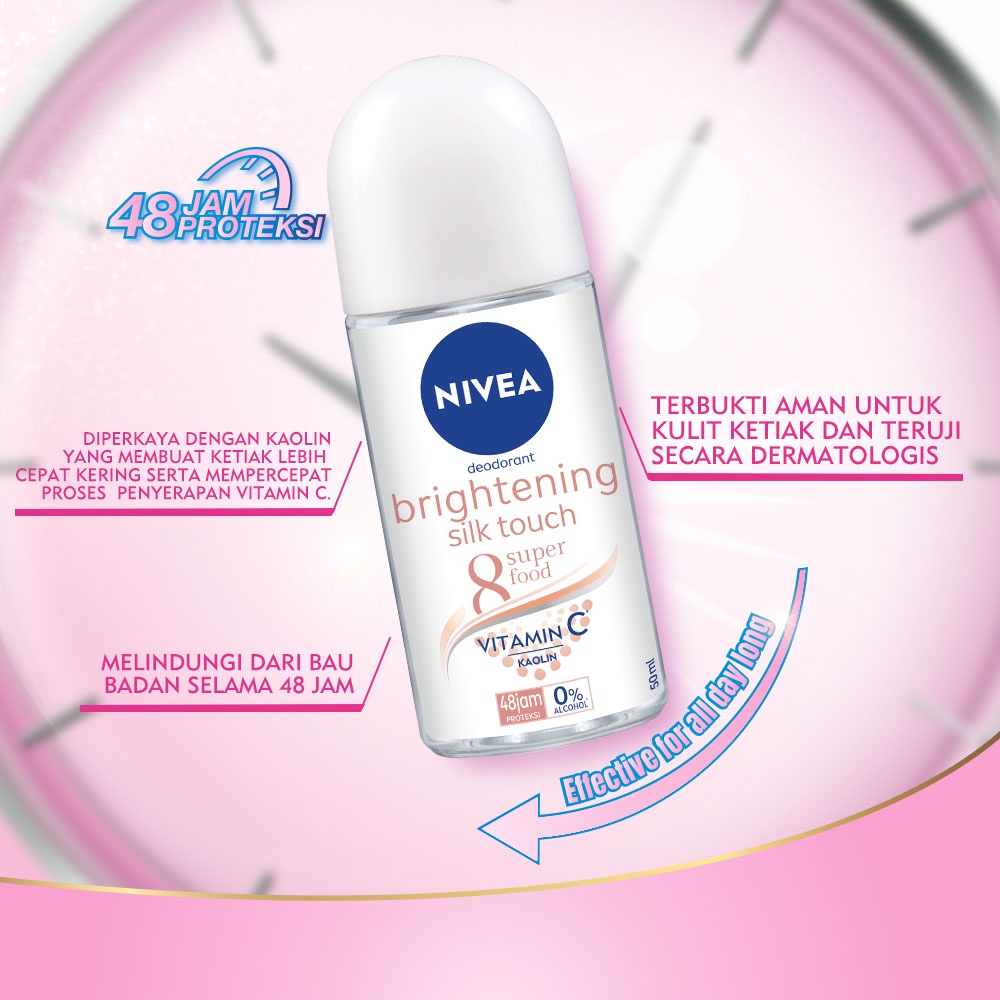 NIVEA Deodorant Roll On Brightening Silk Touch 50ml - Mencerahkan &amp; kulit ketiak halus seperti sutra