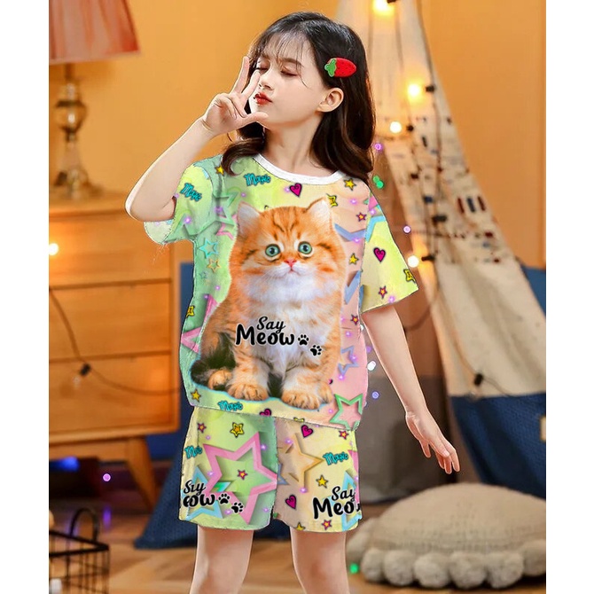 VF - SETELAN PRINT BAJU ANAK KUCING / SETELAN HP ANAK UNISEX 2-7 TAHUN