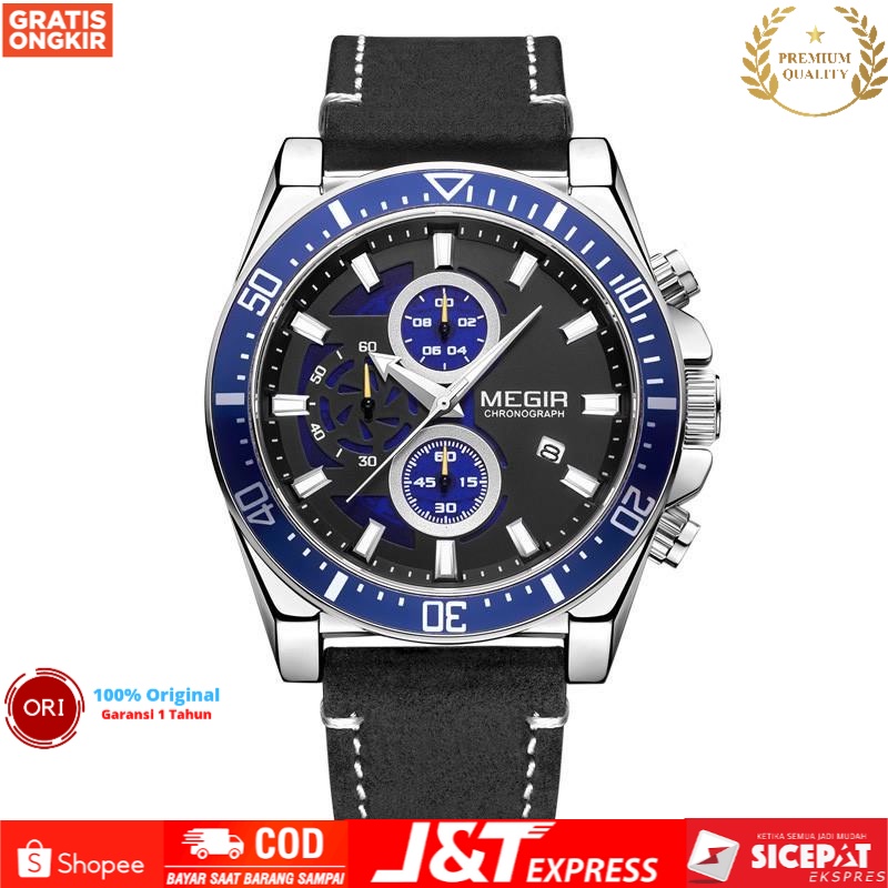 JAM TANGAN PRIA ANALOG CHRONOGRAPH TALI KULIT LUMINOUS ORIGINAL JAM TANGAN MEGIR MK2132RR-GROSIR 99 