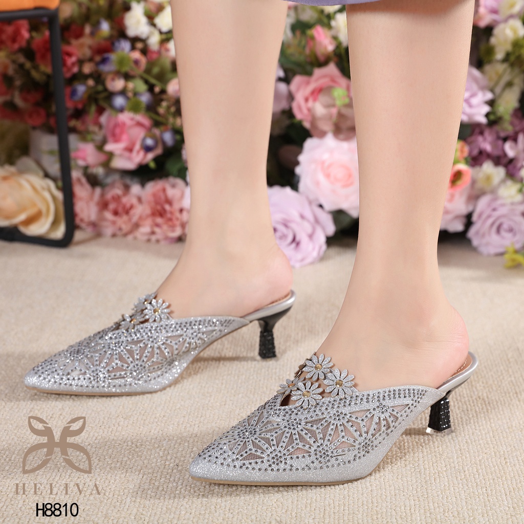 HELIVA NADIA Mid Heels 5,5cm Sepatu Mules Batik Bunga Bahan Kulit Gliter H8810 Original Brand Heels Kondangan Manik