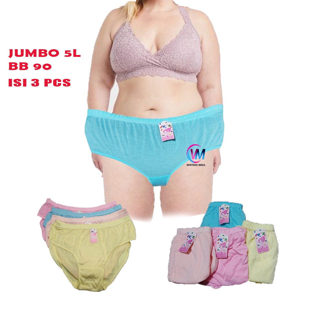 3 BUAH Celana Dalam Wanita Jumbo BB 90 Size 5L - Cd Jumbo Muat Bb 80 - 90 kg / Warna Polos Random / 