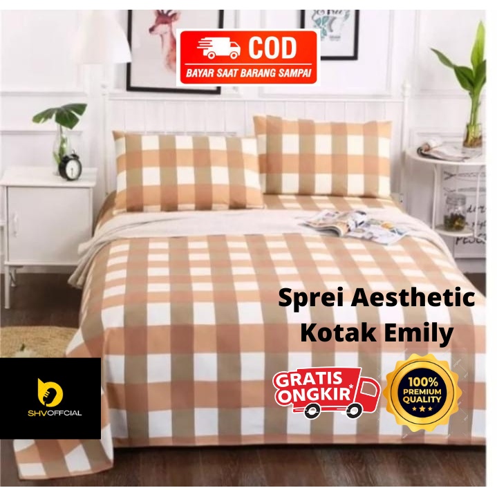 promo murah sprei aesthetic motif kotak emily khaki 180x200 160x200 120x200 set sarung bantal dan guling