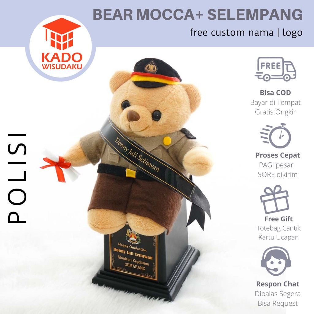 Piala Boneka Profesi Polisi Teddy Bear dengan Mini Selempang