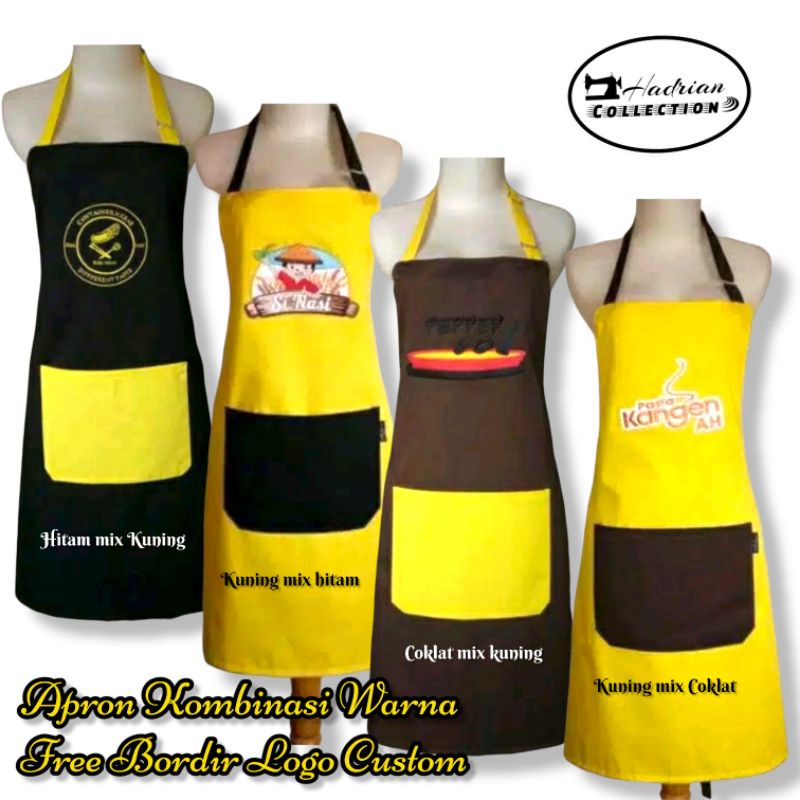 Celemek Apron Kombinasi Warna Custom  Free Bordir Logo dan Polos  ( Bisa Request Warna ).