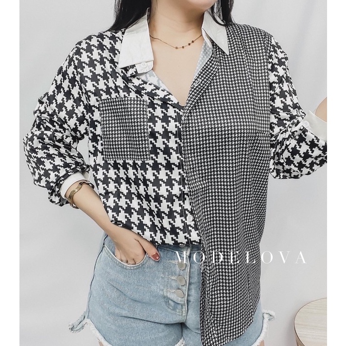 MDLV ~ 2390# Josetta Hidden Button Shirt Premium Import Kemeja Houndstooth Fashion Import