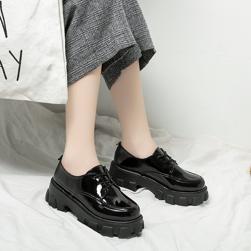 Sepatu Oxford Derby Hak Tinggi Wanita Flatform Ankle Boots Platform Shoes Heels Bot Import Kulit Hitam Black - Ukuran 35 36 37 38 39 40