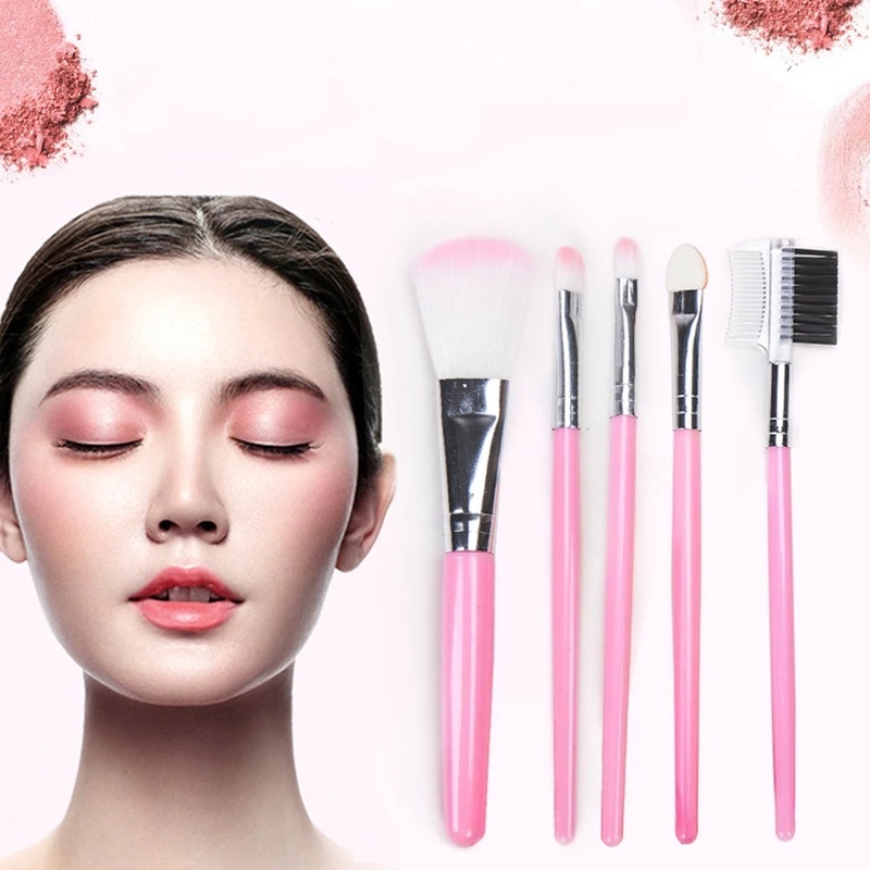 [5 Pcs Mini Pink Professional Makeup Brushes Set For Applying Foundation, Powder, Concealers, Eyeliner, Eyebrow, Eye Shadows][Daily Basic Cosmetic Tool]