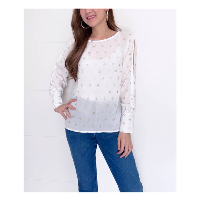 H*m white diamond print longsleeve blouse