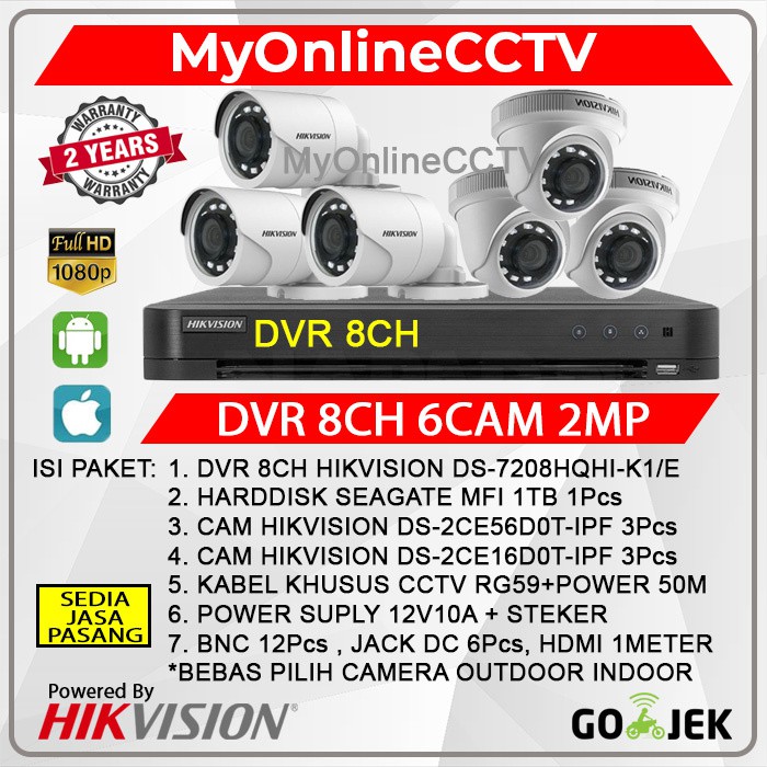 Paket Pasang CCTV 6 KAMERA 2MP DVR Hikvision 8Ch