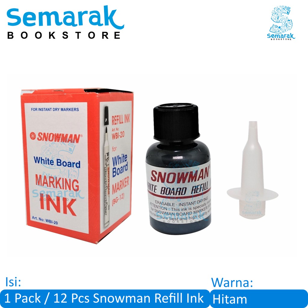 Snowman Refill Ink Isi Tinta Spidol Whiteboard Dapat Dihapus 20 ml - Hitam [1 Pack / 12 Pcs]