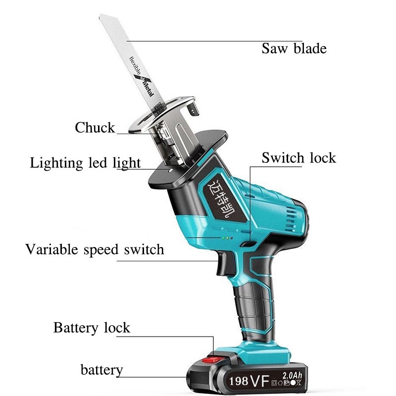 Mini Chainsaw 198V Cordless Reciprocating Saw Cordless Chainsaw Mesin Gergaji Besi Kayu Portable Gergaji Rantai Mini Portable Genggam Lithium Charger gergaji mesin