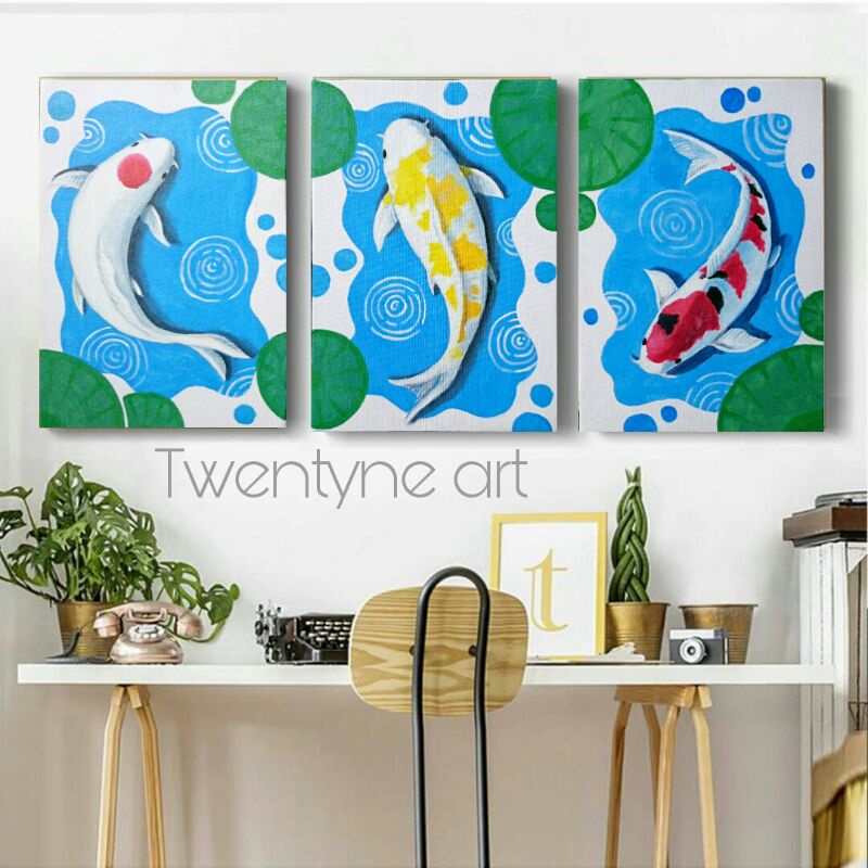 PROMO LUKISAN TANGAN KANVAS MURAH/ LUKISAN TANGAN ASLI IKAN KOI/ HIASAN DINDING MURAH/ LUKISAN KANVA