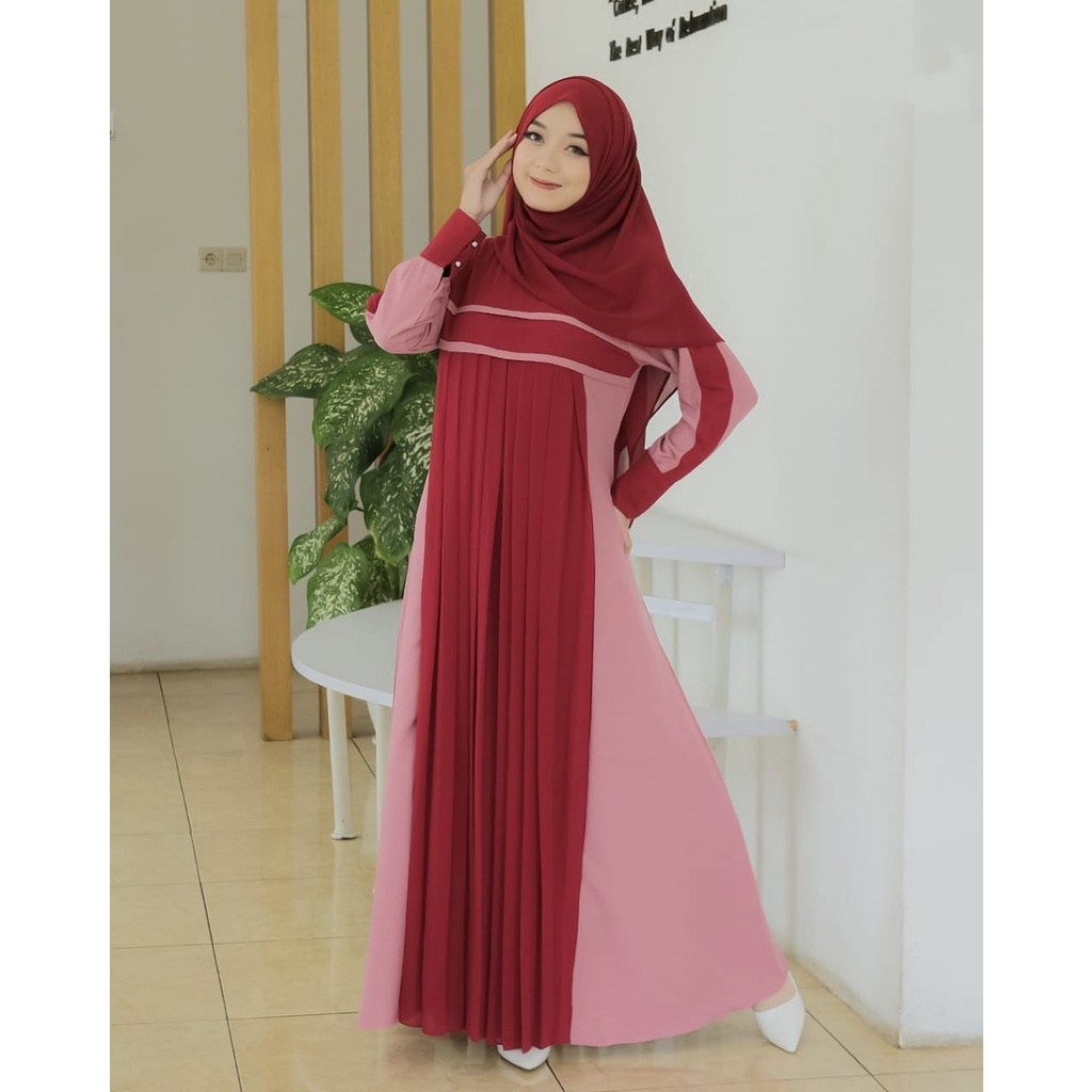 Gamis ALMIRA NAUREEN ANNUR itycrepe mix ceruty babydoll terbaru syari modis fashionable ootd muslimah simple style layer model exclusive kondangan lebaran