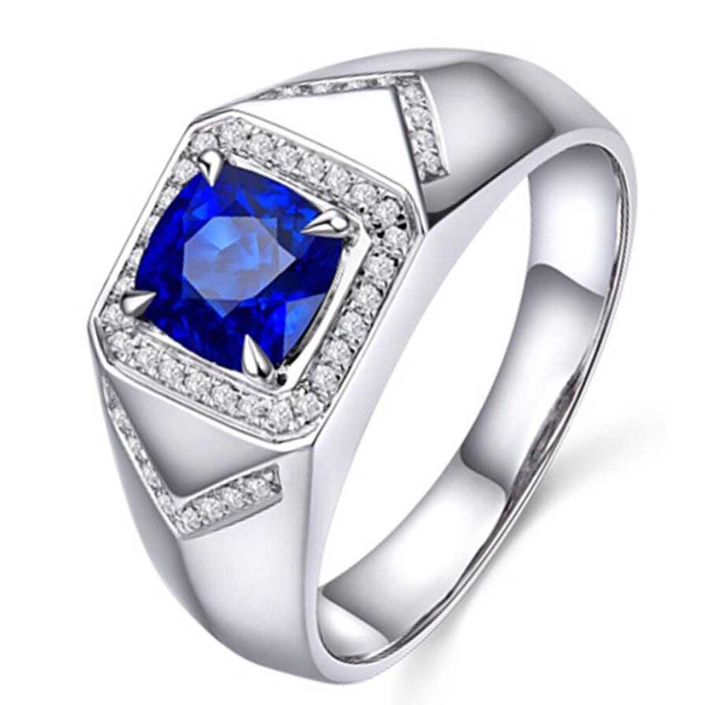 Cincin Pria Perak Kotak Safir Baja Titanium Kristal Zirkon Ring Aksesoris Fashion