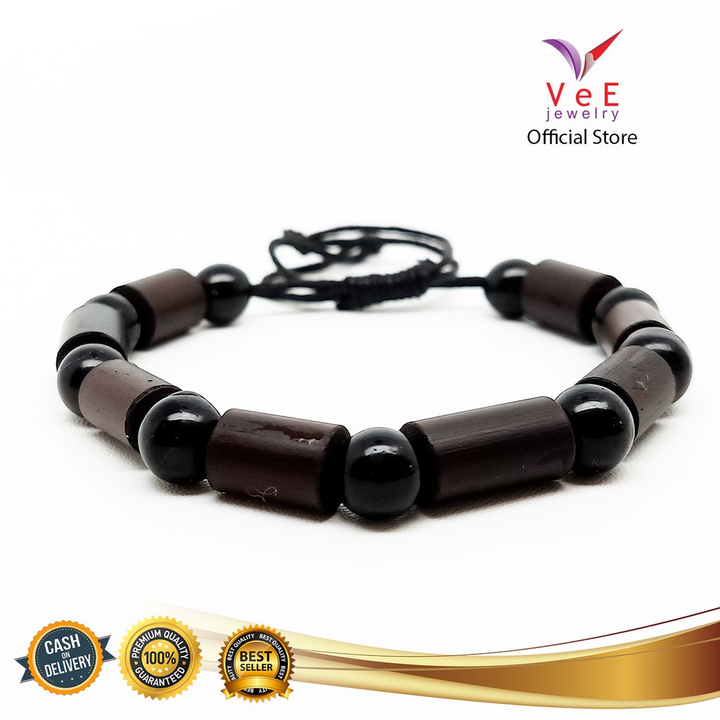 Gelang Batu Giok China Asli Hitam 8mm Kombinasi Kayu - VeE Gelang Tali Kesehatan Anti Virus