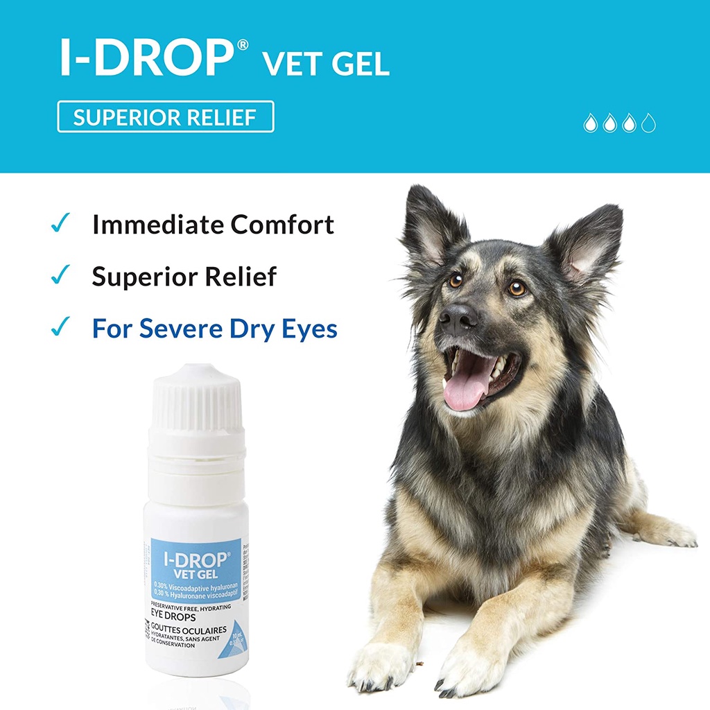 I-DROP VET GEL Lubricating Eye Drops for Pets: for Moderate to Severe Dry Eyes, Superior Comfort with Fewer Applications Needed, 0.30% Hyaluronan, Preservative-free, Non-irritating, One Bottle (10 Ml)