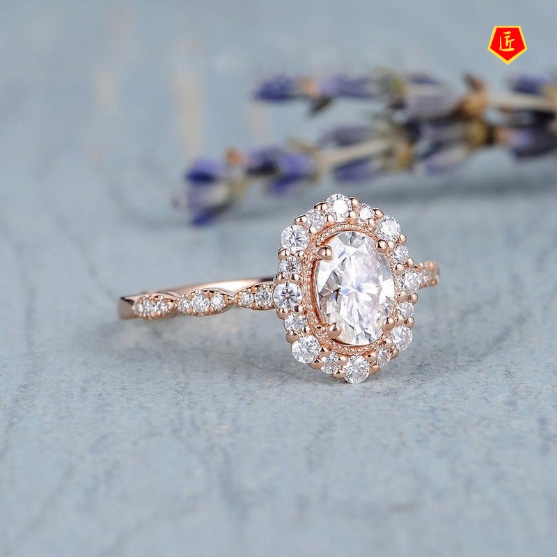 [Ready Stock]Elegant Moissanite Oval Micro Inlaid with Diamond Ring