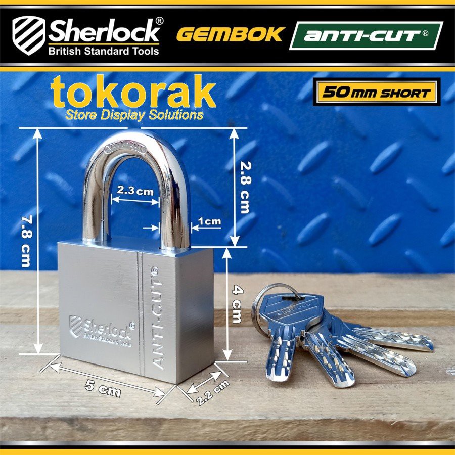 GEMBOK RUMAH - TOKO - PAGAR SHERLOCK ANTI CUT 50 MM PENDEK COMP KEY