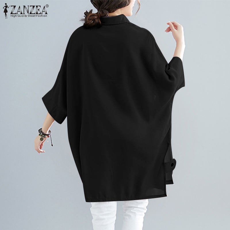 ZANZEA Women Casual Turn-Down-Collar Solid Color Long Button Down High Low Blouse