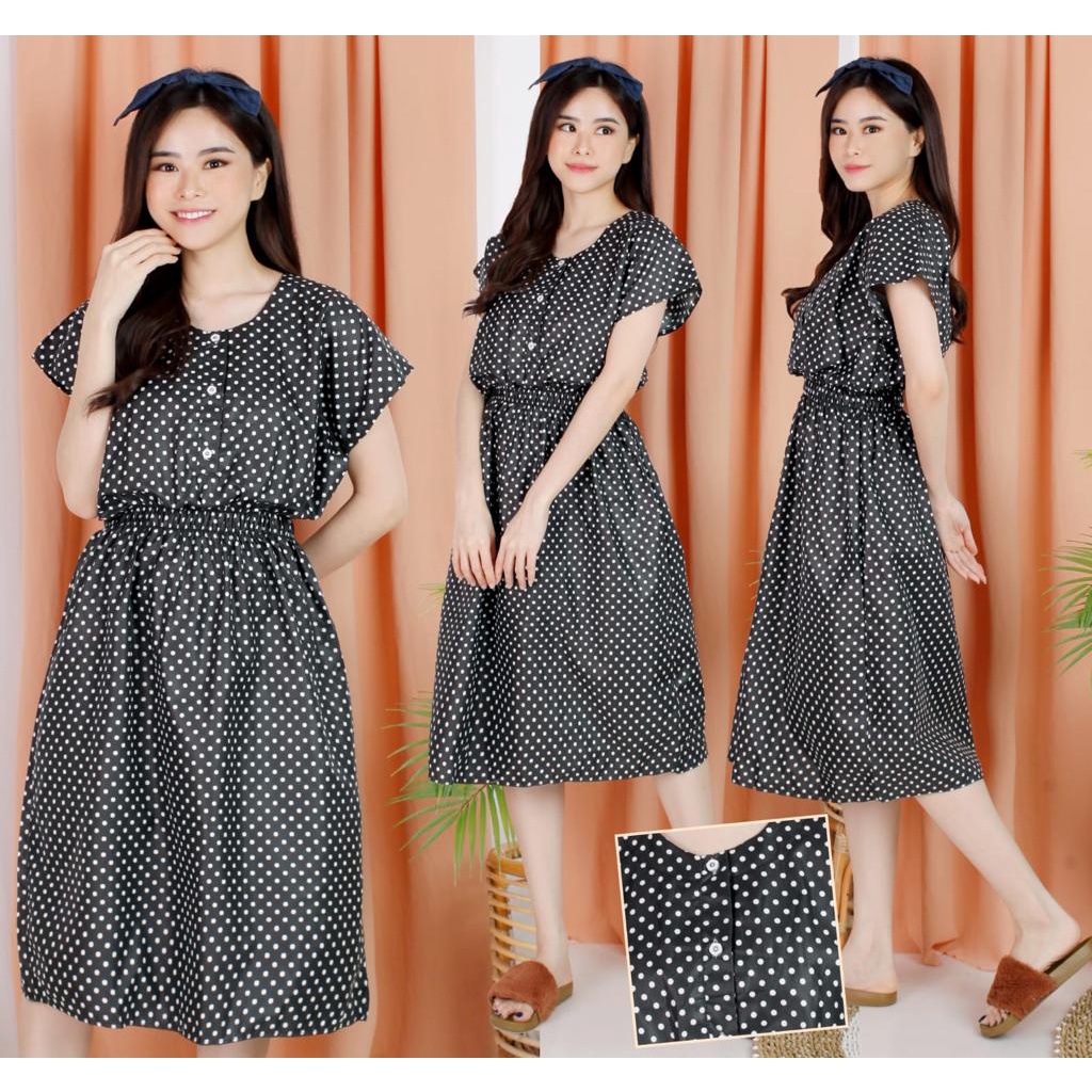 DASTER MANOHARA LD 115 CM KANCING 3 KARAKTER BAJU TIDUR HALUS TEBEL BUSUI BUMIL MODEL KEKINIAN-MNH POLKA HITAM