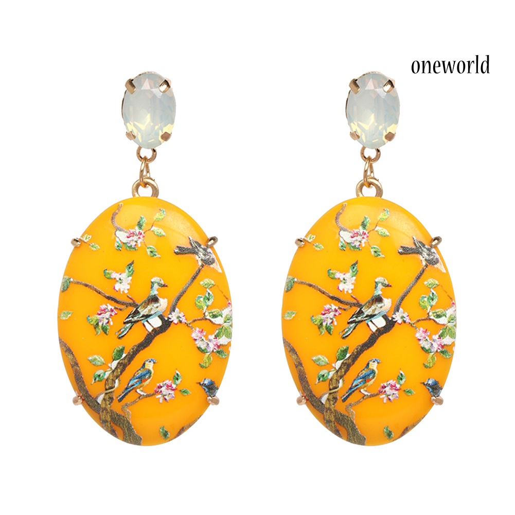 OW@ Vintage Women Resin Oval Dangle Earrings Hand Painted Flower Bird Party Jewelry