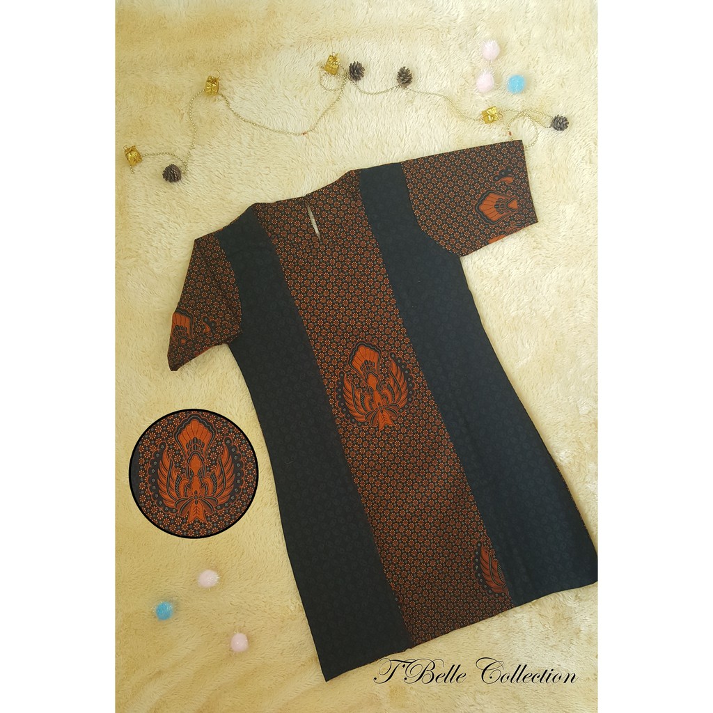 baju dress batik jogja wanita lengan pendek warna coklat ukuran size L motif