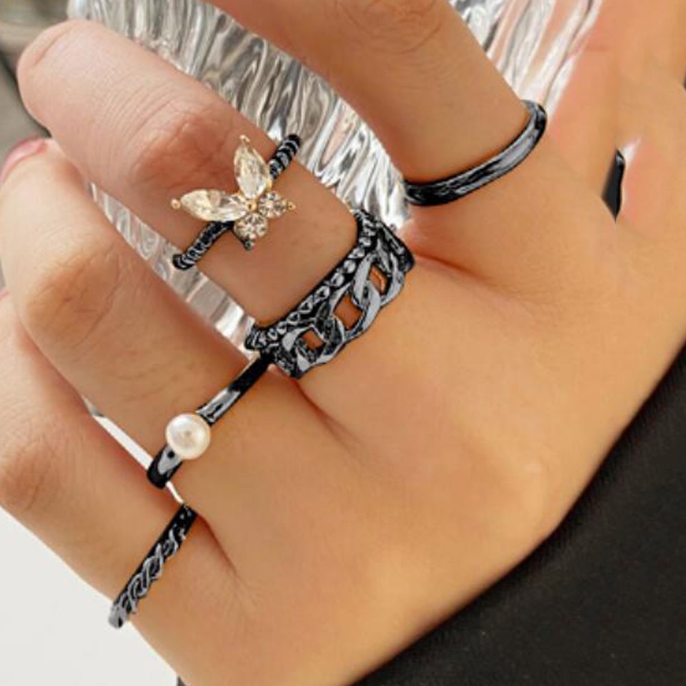 5pcs / Set Cincin Knuckle Desain Kupu-Kupu Geometris Warna Hitam Bahan Metal Gaya Vintage Gothic Untuk Wanita