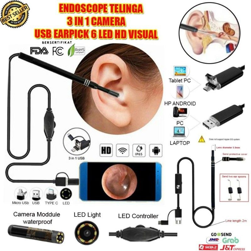 Pembersih Telinga Korek Kuping Kamera Endoscope 3 in 1 with 6 LED Support Android PC Laptop