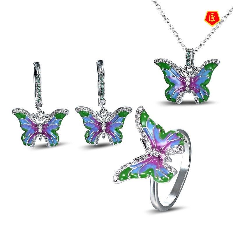 [Ready Stock]Rainbow Color Butterfly Ring Enamel Earrings Pendant Set