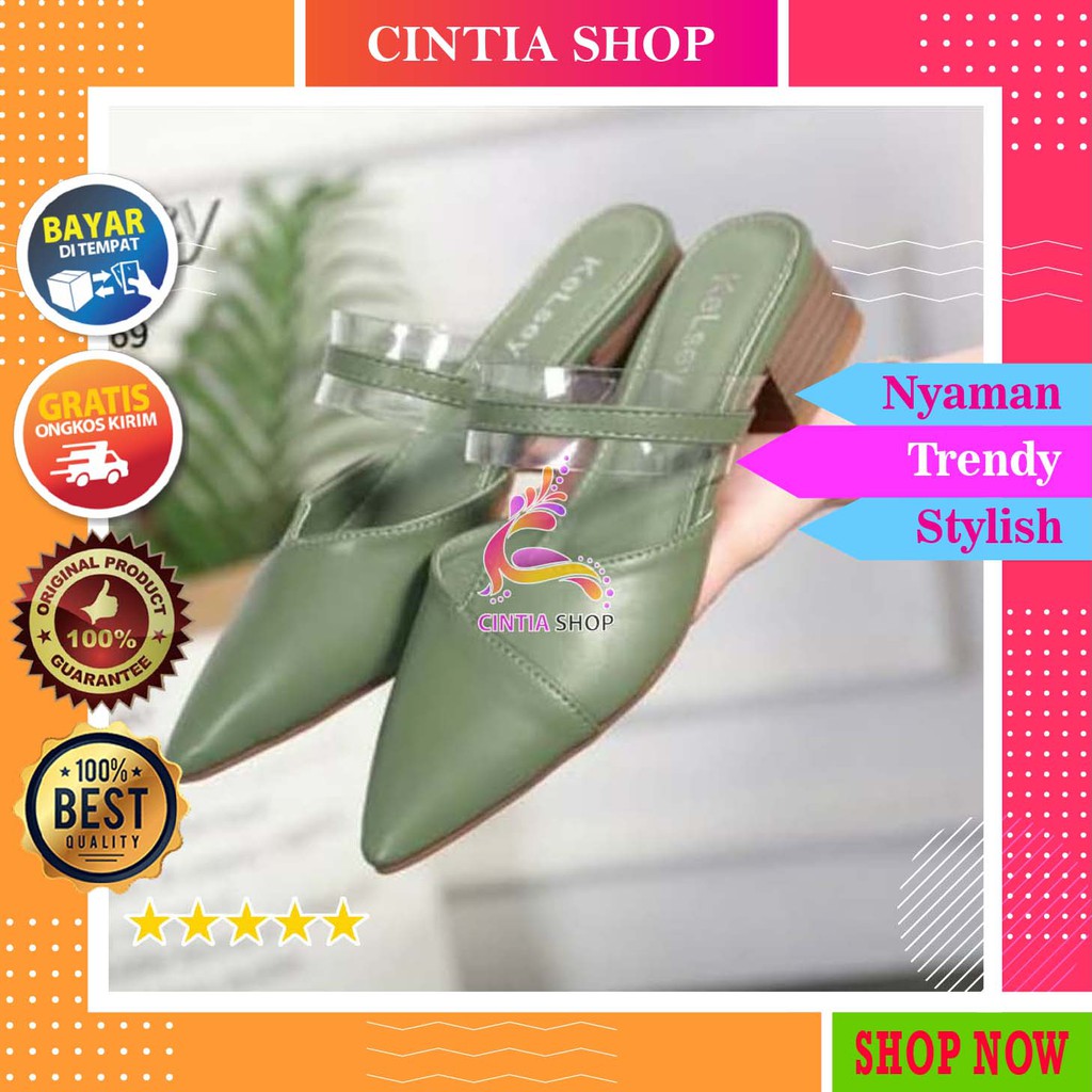 Sepatu Mules Block Heels Wanita Tinggi 4 Cm Kualitas Import Warna Hitam Coklat Hijau | WM18