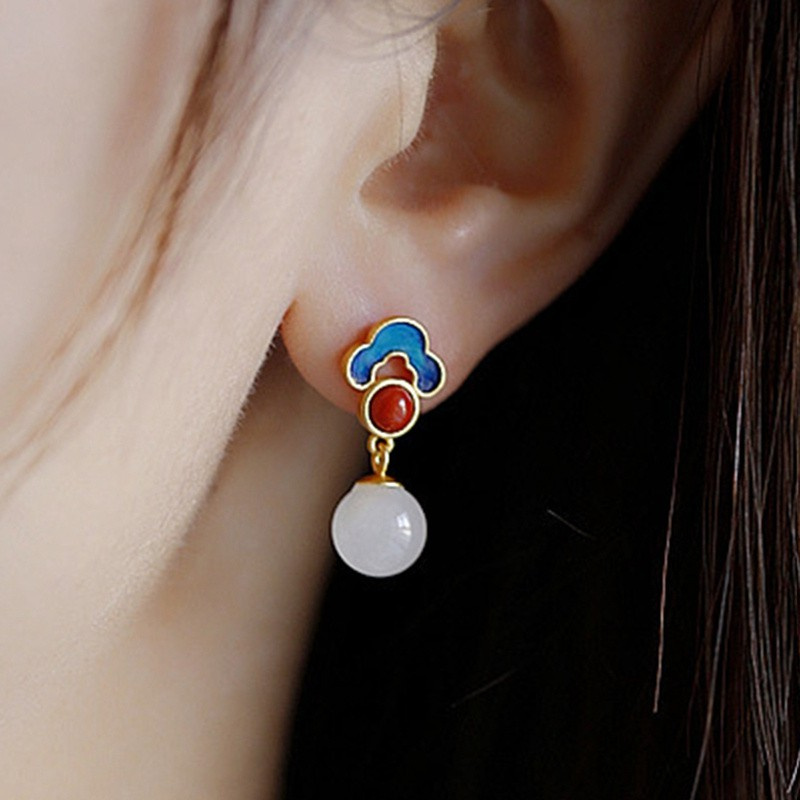 New Product Design 925 Sterling Silver Ancient Gilt Natural Hetian Jade Earrings Enamel Auspicious Cloud Female Earring|Drop Earrings