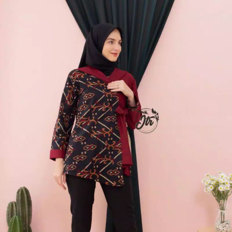tey-17 Batik wanita ASJ SA HRB026 Kenongo Kemeja Tosca Pendek hj02-Zeena Maroon