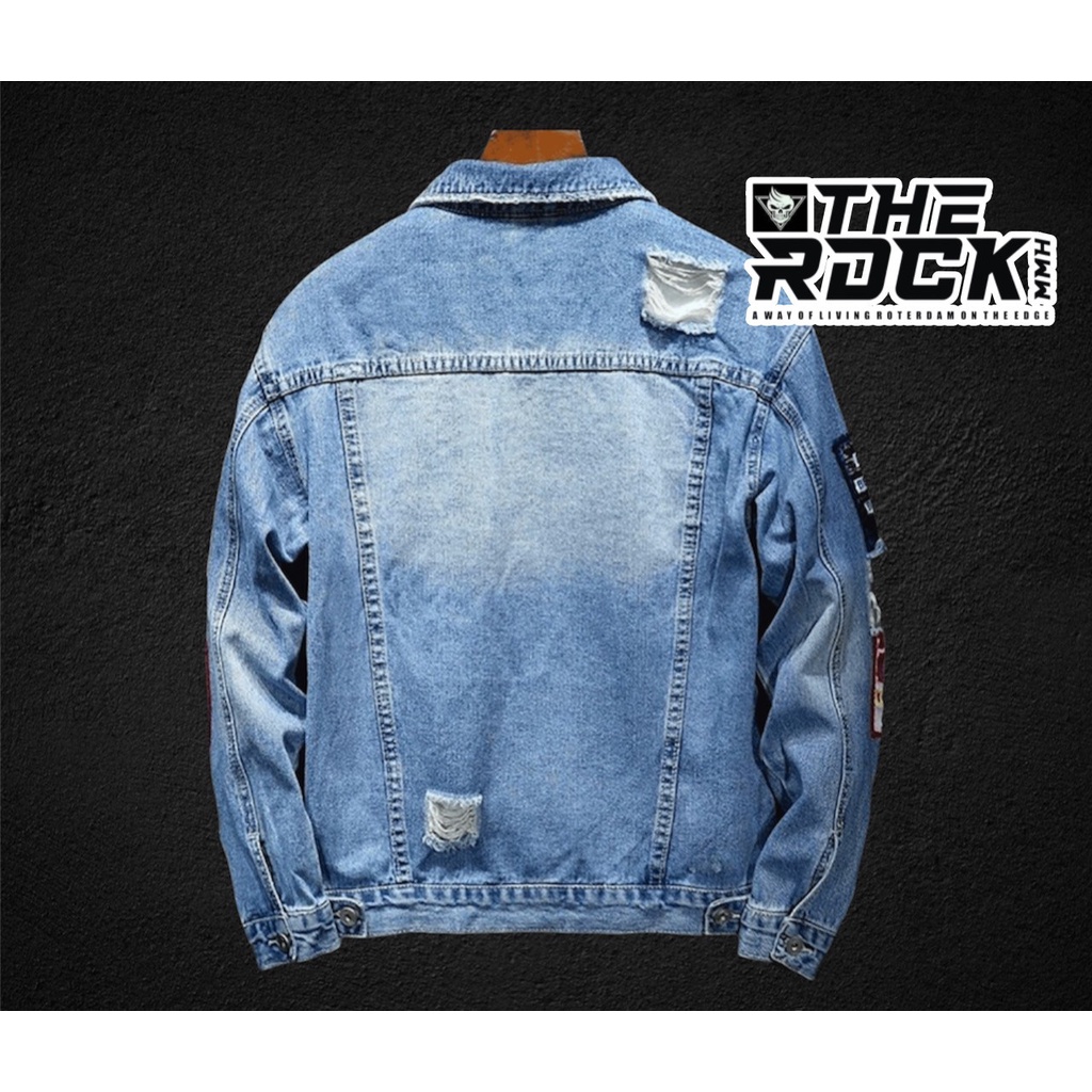 Jaket Jeans Pria Terbaru Morif Emblem Dan Sobek-Sobek/ Jaket Jeans Cowo Keren/ Jaket Jeans Pria The Rock Sobek