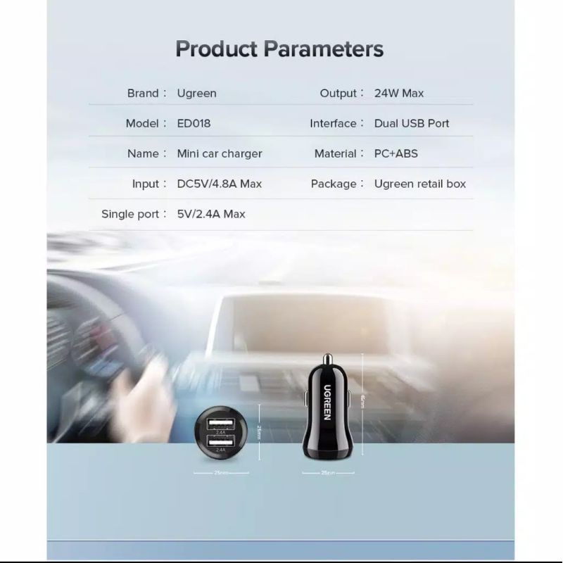 Ugreen Car Charger Mini Dual Usb Port 2.4A 30 Watt - Ugreen Charger Universal untuk Mobil Motor