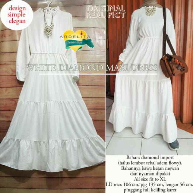 WHITE DIAMOND MAXI DRESS/GAMIS PUTIH HIGH QUALITY/HIJAB OOTD/SELEGRAM OUTFIT/GAMIS PUTIH POLOS