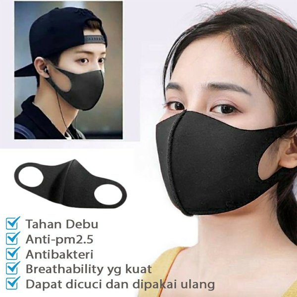 Masker Scuba Dewasa Import Bahan Tebal Berkualitas Anti Virus Hitam Polos Earloop Murah