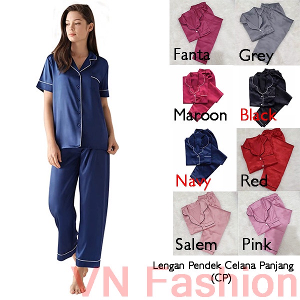 Baju Tidur Wanita Satin Polos Lengan Pendek Celana Panjang (CP)