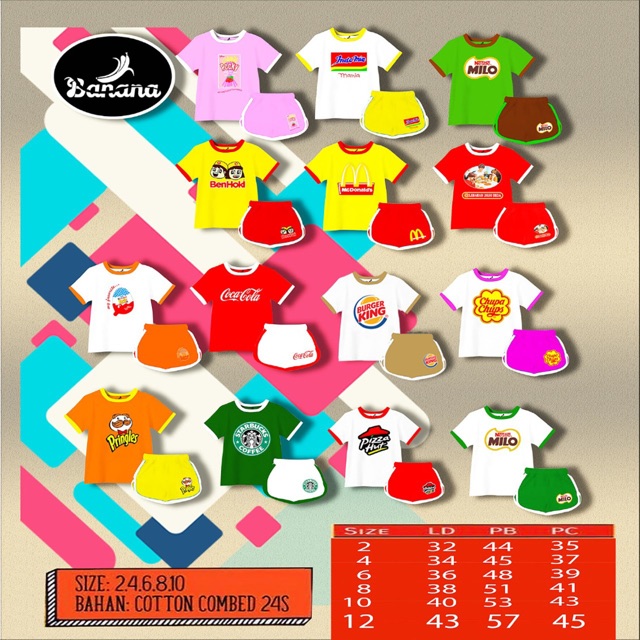 Baju set kaos anak setelan anak POCKY INDOMIE MILO HOKBEN MCD KONGGUAN READY