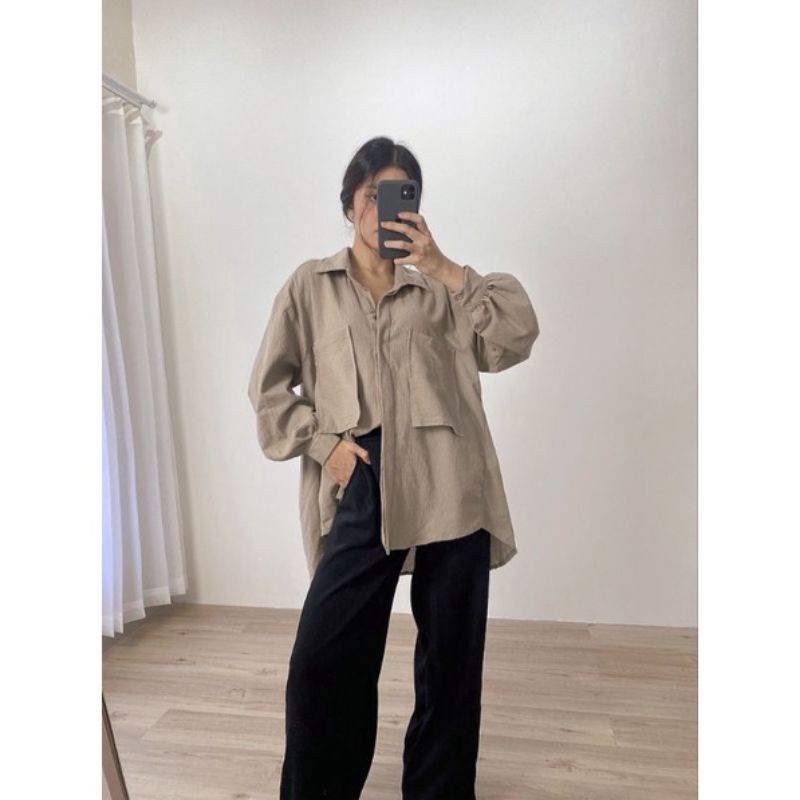 NIKI SHIRT KEMEJA LINEN SHIRT OVERSIZE - KEMEJA LINEN CRINGKLE WANITA PREMIUM