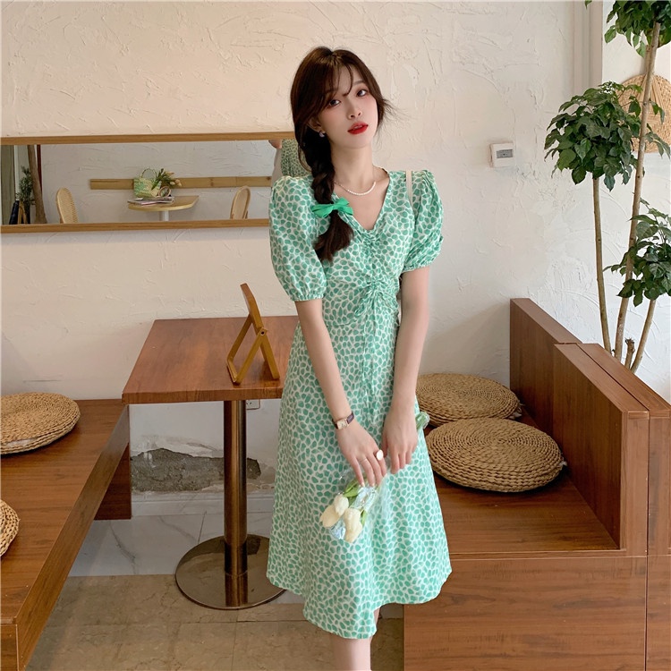 pakaian wanita korea COD Fashion New 2022 daster kerut dada Korean Style dress Blue Green Floral Lace-up Waist Short Sleeve Drawstring V Neck Midi dress biru for Women Summer A-Line tunik Casual Dresses biru  dress wanita 2023 korea