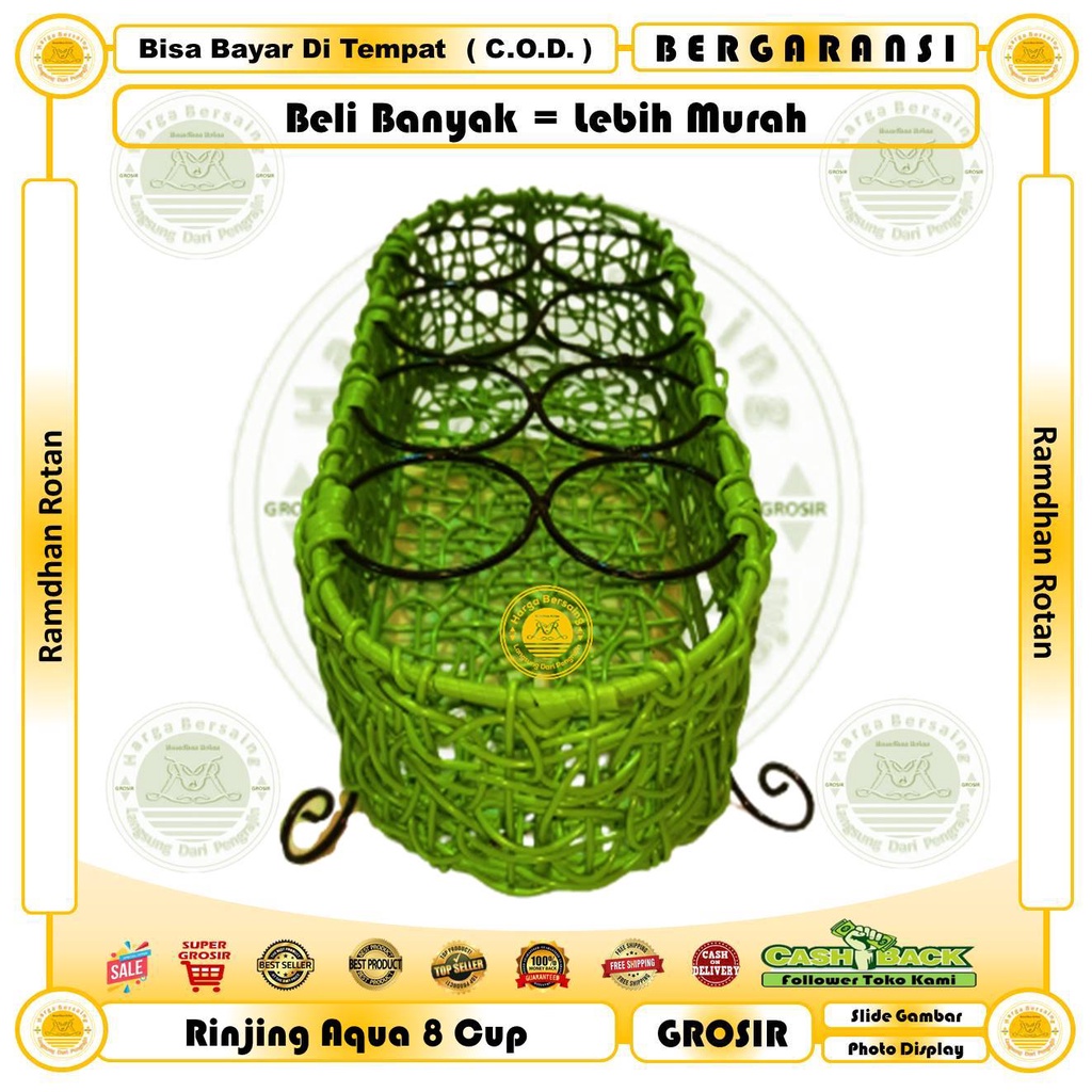 GROSIR Wadah Aqua Oval 8 Cup Rangka Besi Anyam Rotan Sintetis / Rinjing Akua Gelas 8 Kap / Keranjang