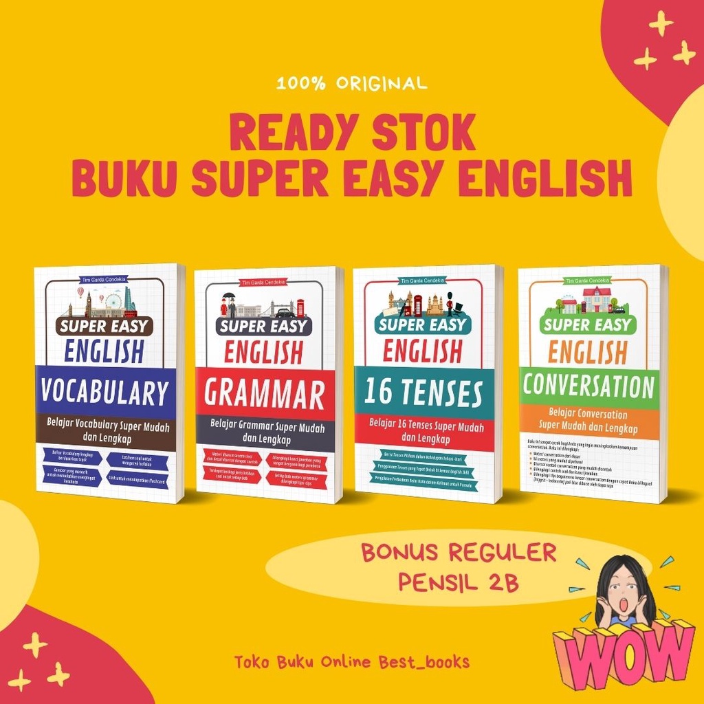 BUKU BAHASA INGGRIS PAKET LENGKAP / SUPER EASY ENGLISH GRAMMAR - VOCABULARY - 16 TENSES - CONVERSATION