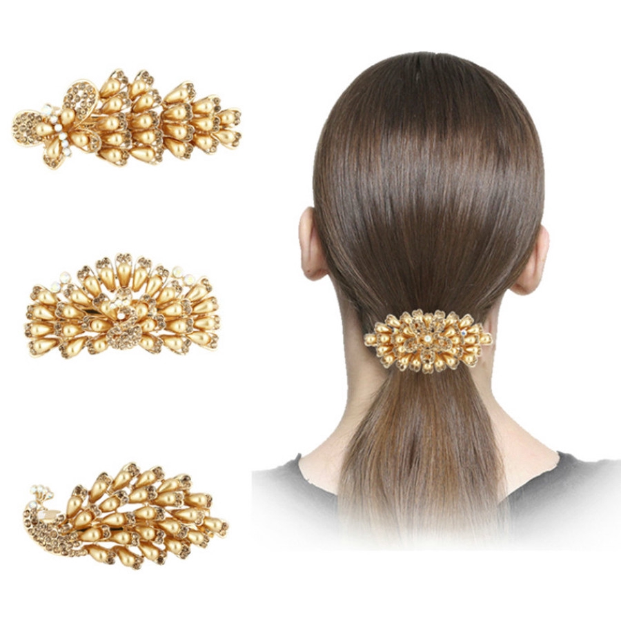 Korean Vintage Gold Pearl Hair Clip Rhinestone Barrette Large Hairpin Ponytail Holder Accessories