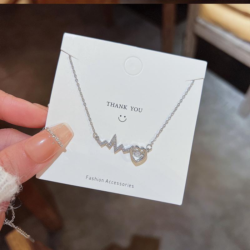 XiaoboACC Kalung Rantai Titanium Steel Liontin Hati ECG Hias Zircon Ukuran Untuk Wanita - 38CM+6CM