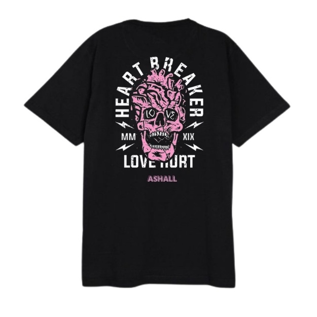 Ashall Project - Kaos Pria Heart Breaker Pink Skull Black 05