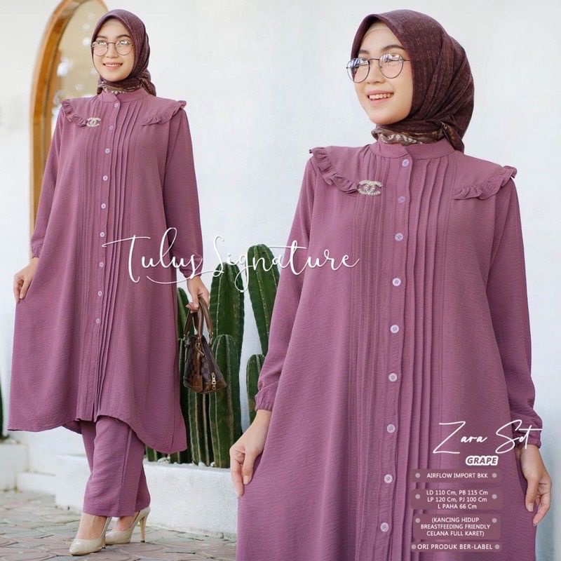Zara Set Cringkle Airflow Cubit/Setelan Long Tunik Jumbo Ld120